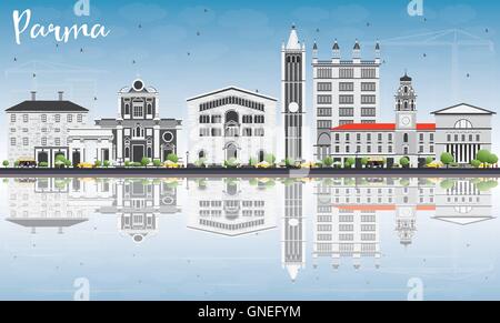 Parma-Skyline mit grauen Gebäuden, blauer Himmel und Reflexionen. Vektor-Illustration. Geschäftsreisen und Tourismus-Konzept Stock Vektor