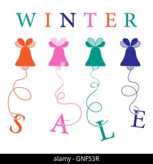 Cute Bild mit Weihnachtsglocken hängen in den Seilen mit dem Verkauf der Inschrift. Gestaltungselement für Postkarte, Einladung, banne Stock Vektor