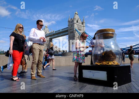 London, UK. 31. August 2016. UK-Wetter: Ein weiterer Scorcher in London 31. August 2016 fotografieren Menschen eine BFG Traum Jar, Teil einer Strecke um Geld für Save the Children, die in der Londoner South Bank diesen Sommer Paul Swinney/Alamy Leben erreicht haben Stockfoto