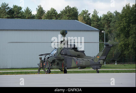 Werdeck, Deutschland. 30. August 2016. Ein Kampfhubschrauber Tiger abgebildet während der Dreharbeiten Übung durch die Bundeswehr-Kampfhubschrauberregiment 36 "Kurhessen" (lit.) Bundeswehr Kampf Hubschrauber Regiment 36 "Kurhessen") aus Fritzlar bei der Landung Seite an der Oberlausitz-Kaserne in der Nähe von Werdeck, Deutschland, 30. August 2016. Foto: Arno Burgi/Dpa/Alamy Live-Nachrichten Stockfoto