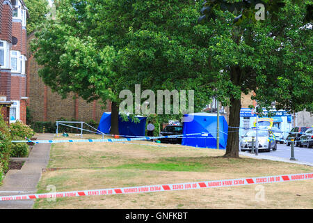 Penge, South East London, 31. August 2016. Die Polizei am Tatort untersuchen. zwei Personen, die vor Ort genannt, wie 10 Jahre alte Kind Schauspieler makayah mcdermott und seine 34 Jahre alte Tante, Rosie Cooper, berichtet in einer Verfolgungsjagd mit einem gestohlenen Auto auf Lennard Straße getötet worden zu sein, in der Nähe von penge Station, während die drei Mädchen wurden verletzt und ins Krankenhaus gebracht. Ein 23-jaehriger Mann festgenommen wurde. Credit: imageplotter Nachrichten und Sport/alamy leben Nachrichten Stockfoto