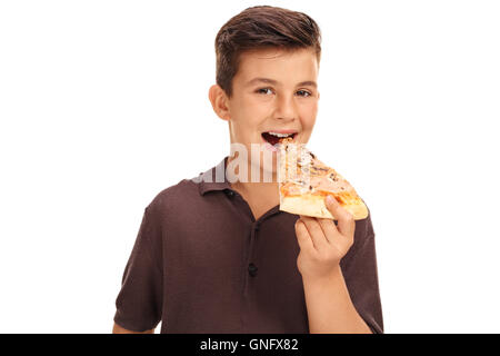 Kind, Essen ein Stück Pizza isoliert auf weißem Hintergrund Stockfoto