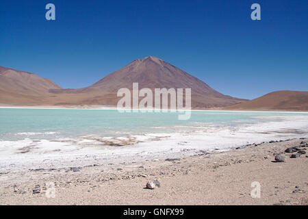 Laguna Verde (Grüner See) mit Salz Playa und Licancabur Vulkan, Bolivien Stockfoto