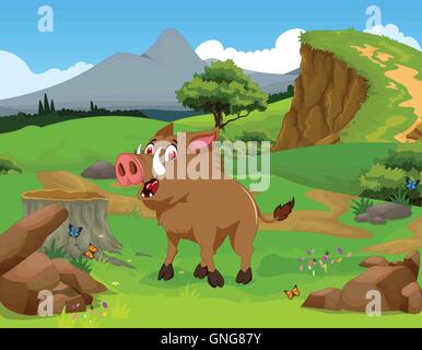 lustige Wildschwein Cartoon im Dschungel mit Landschaft Hintergrund Stock Vektor