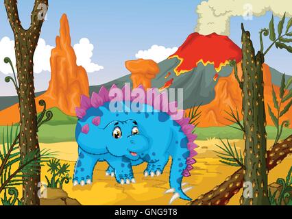 lustige Stegosaurus Cartoon mit Vulkan Landschaft Hintergrund Stock Vektor