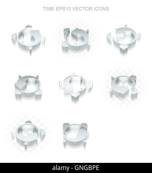 Zeitachse Icons Set: verschiedene Ansichten der metallischen Wecker, transparente Schatten, EPS 10 Vektor. Stock Vektor