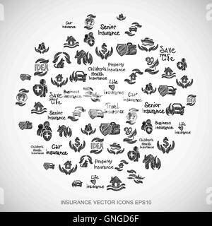 Schwarzen Kritzeleien Hand gezeichnet Versicherung Symbole auf weiß gesetzt. EPS10 Vektor-Illustration. Stock Vektor