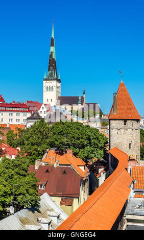 Blick auf St. Olaf Church und die Stadtmauern von Tallinn - Estland Stockfoto