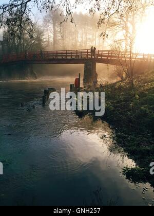 Silhouette von ein paar stehen auf der Brücke bei Sonnenuntergang, Belfast, Nordirland, Vereinigtes Königreich Stockfoto