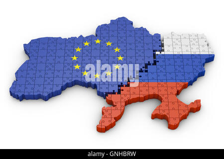 Puzzle in der Form der Grenzen der Ukraine. 3D Render. Stockfoto