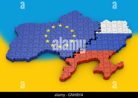 Puzzle in der Form der Grenzen der Ukraine. 3D Render. Stockfoto