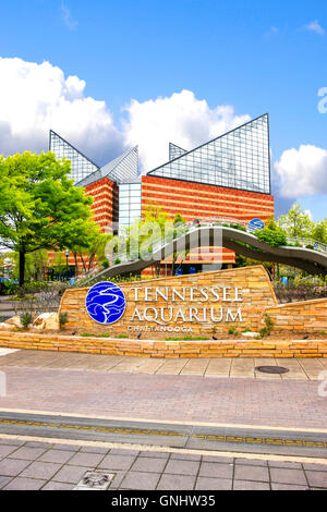 Willkommensschild außerhalb der Gebäude in Chattanooga Tennessee Aquarium Stockfoto