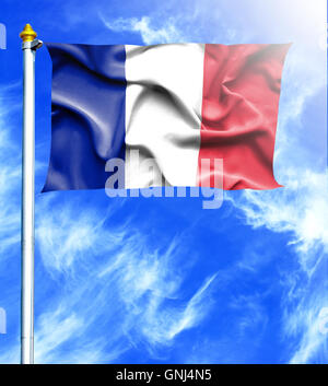 Blauer Himmel und Mast mit erhängten wehende Flagge von Frankreich Stockfoto