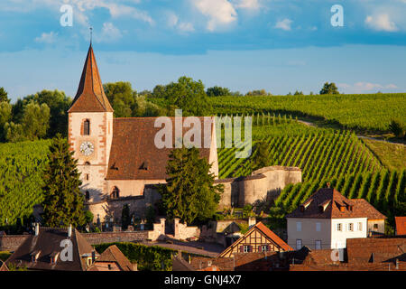 Blick über die Stadt von Hunawihr entlang der Weinstraße, Elsass Haut-Rhin, Frankreich Stockfoto