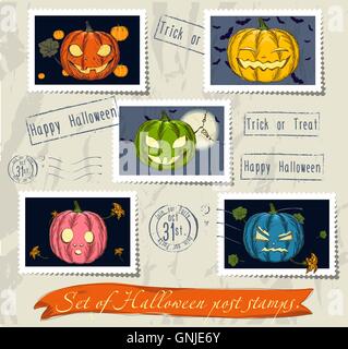 Vintage Halloween Briefmarken Satz. Stock Vektor