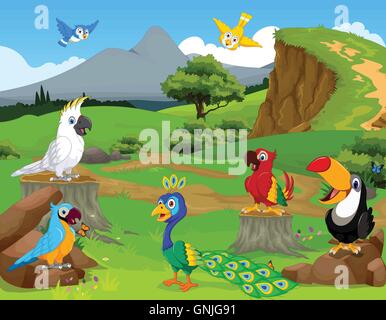 lustige Vögel Cartoon den Dschungel mit Landschaft Hintergrund einmal anders Stock Vektor
