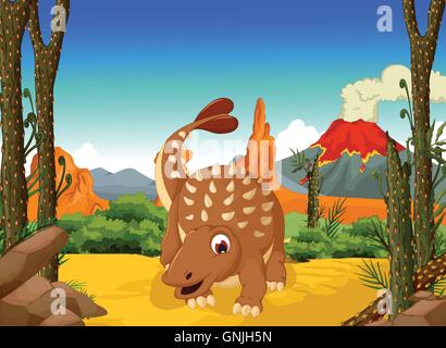 Lustige Comic-Ankylosaurus Dinosaurier mit Vulkan Landschaft Hintergrund Stock Vektor