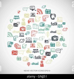 Multicolor Kritzeleien set Hand gezeichnet News Icons auf weiß. EPS10 Vektor-Illustration. Stock Vektor