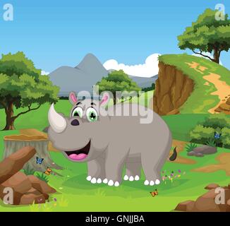 lustige Rhino Cartoon im Dschungel mit Landschaft Hintergrund Stock Vektor