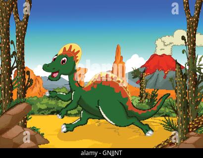 lustige Dinosaurier Cartoon mit Vulkan Landschaft Hintergrund Stock Vektor