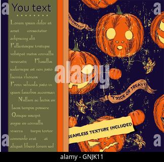Halloween-Karte und nahtlose Textur mit Kürbissen. Stock Vektor
