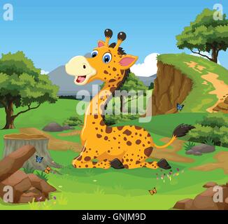 lustige Giraffe Cartoon sitzen im Dschungel mit Landschaft Hintergrund Stock Vektor