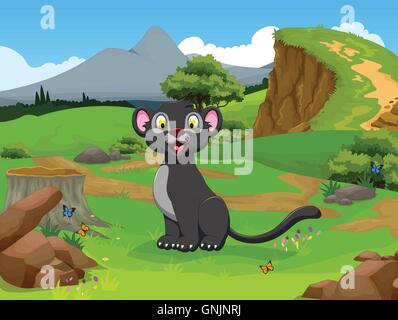 lustige schwarzer Panther Cartoon im Dschungel mit Landschaft Hintergrund Stock Vektor