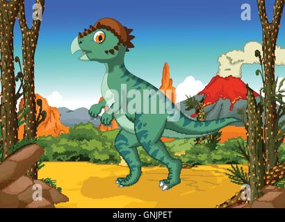 Lustige Comic-Dinosaurier Stegoceras mit Vulkan Landschaft Hintergrund Stock Vektor