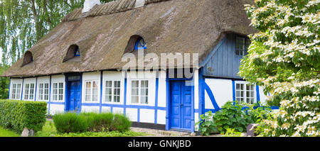 Malerisches Reetdachhaus zu Hause in Troense, Tasinge Insel vor Svendborg, der Süden Inselmeer, Dänemark Stockfoto