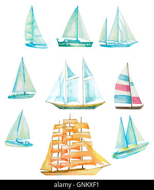 Satz von Aquarell segeln, Boote, Yachten, Schiffe auf Weiß Stockfoto