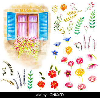 Aquarell-Set von floralen Elementen und Fenster mit Blumen Stockfoto