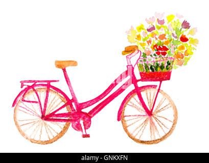 Aquarell Hand bemalte Fahrrad mit Blumen auf weiß Stockfoto
