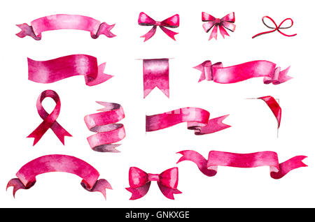 Satz von Hand gemalt, Aquarell rosa Bändern und Schleifen Stockfoto