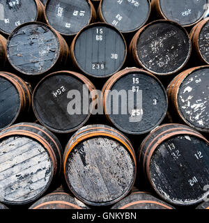 Leere Whisky Fässern an Whisky-Destillerie in Schottland, Vereinigtes Königreich Stockfoto