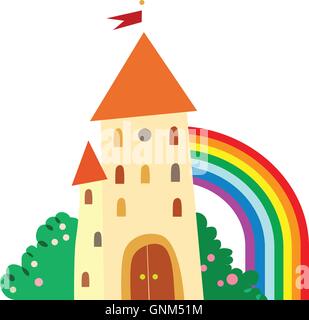 Märchenschloss mit Obstbäumen und einem Regenbogen. Stock Vektor