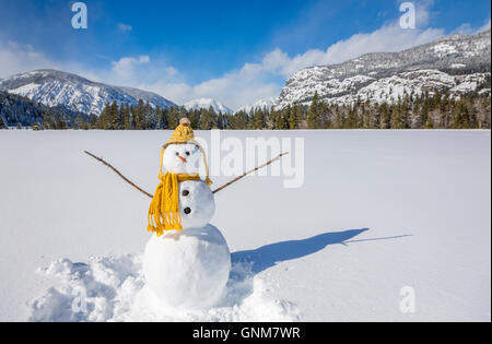 Niedliche Spaß Schneemann mit Strick-Mütze und Schal in schönen verschneiten Landschaft Feld mit Berge und blauer Himmel Stockfoto