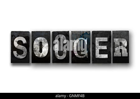 Das Wort "Fußball" geschrieben in Vintage, schmutzig, Tinte befleckt Buchdruck Typ und isoliert auf einem weißen Hintergrund. Stockfoto