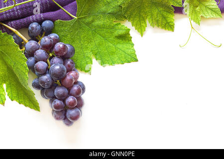 Trauben mit Weinrebe als ein Top-Frame auf weißem Hintergrund angeordnet. Draufsicht mit allerlei Textfreiraum Stockfoto