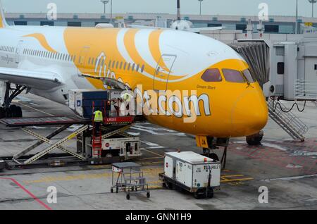 Stationäre Scoot Airline Flugzeug gewartet mit Container Gepäckverladung am Changi Flughafen Rollfeld Singapur Stockfoto