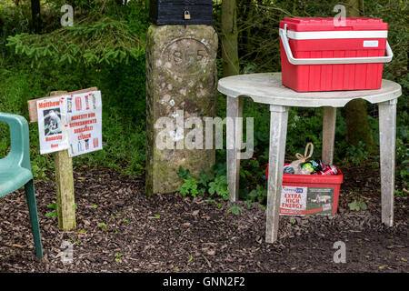 Cumbria, England, UK.  Ehrlichkeit-Box in der Nähe von Piper Sike Turm 51A am Hadrianswall Fußweg. Stockfoto