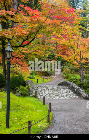 Steinerne Brücke und Wicklung Wanderweg im japanischen Garten mit bunten Herbstlaub der Ahornbäume. Vertikale. Stockfoto