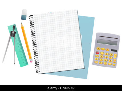 Mathe Notebook Blatt Papierhintergrund mit Lineal, Bleistift, Radiergummi und Taschenrechner Stockfoto