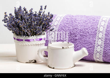 Reihe von Lavendel in Eimer auf lila Hintergrund (Provence) Stockfoto