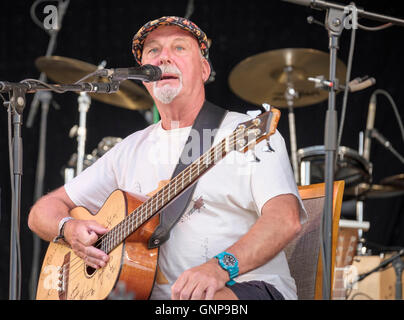 Dave Pegg der Fairport Convention erklingt in Fairports Cropredy Convention, Banbury, England, UK. 11. August 2016 Stockfoto