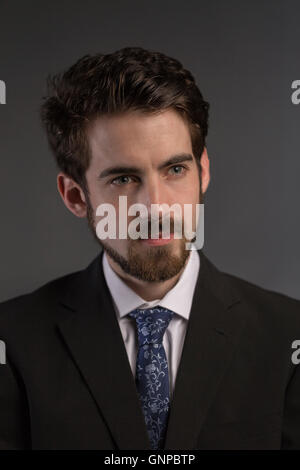 Geschäftsmann mit gepflegten Bart trägt weißes Hemd blau gemusterten Krawatte und grauen Anzug, graue Hintergrund, Studioportrait, Kopfschuss Stockfoto