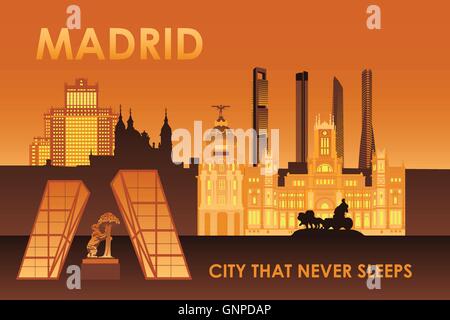 Madrid Sehenswürdigkeiten der Stadt in der Nacht Vektor-Illustration. Cibeles-Palast, Bär und Erdbeerbaum, Cuatro Torres Wolkenkratzer. Stock Vektor