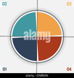Infografik-Pie Diagrammvorlage vom bunten Kreis mit Textbereiche auf 4 Positionen Stockfoto