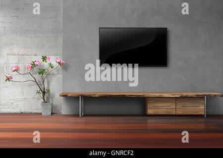 Wohnzimmer led-tv auf Betonwand mit leeren Holzständer Stockfoto