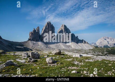 Sexten-Sextner Dolomiten die Gipfel der Drei Zinnen Stockfoto