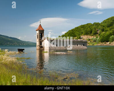 Die versunkenen Kirche St. Nikolaus in Mavrovo, Mazedonien - ein Opfer der Mavrovo Reservoir hydroelektrische Regelung. Stockfoto